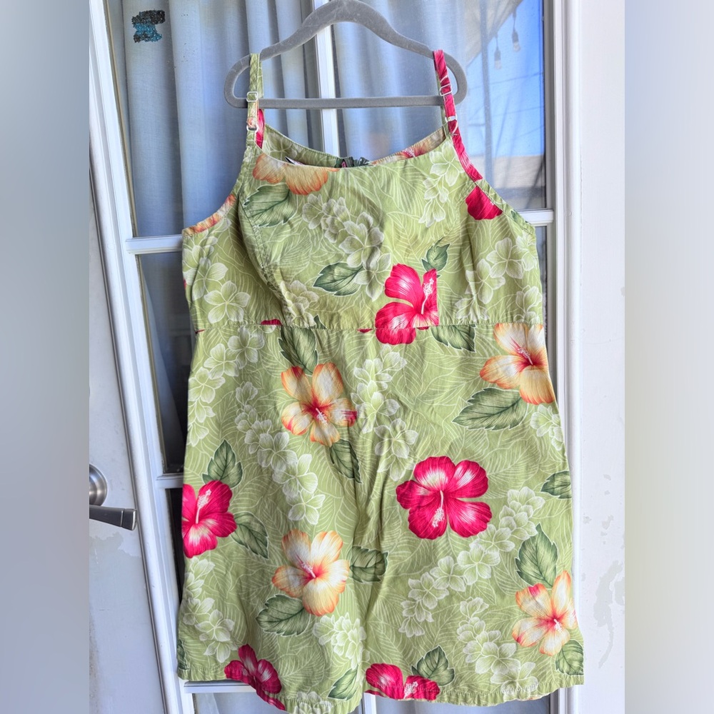 Hilo Hattie Green with Pink/ Orange Hibiscus print dress